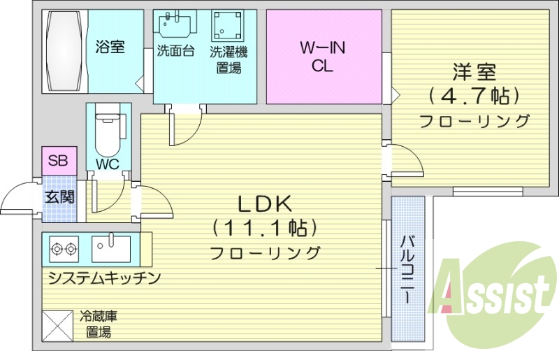 1LDK、エアコン、都市ガス、システムキッチン
