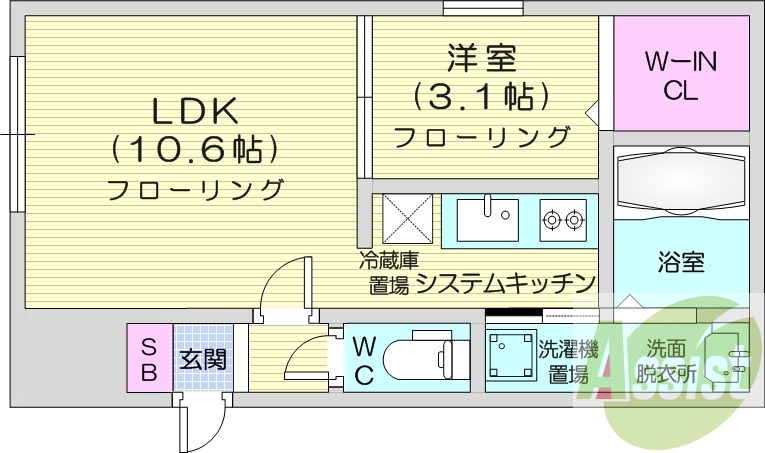 1LDK、エアコン、システムキッチン、浴室乾燥機