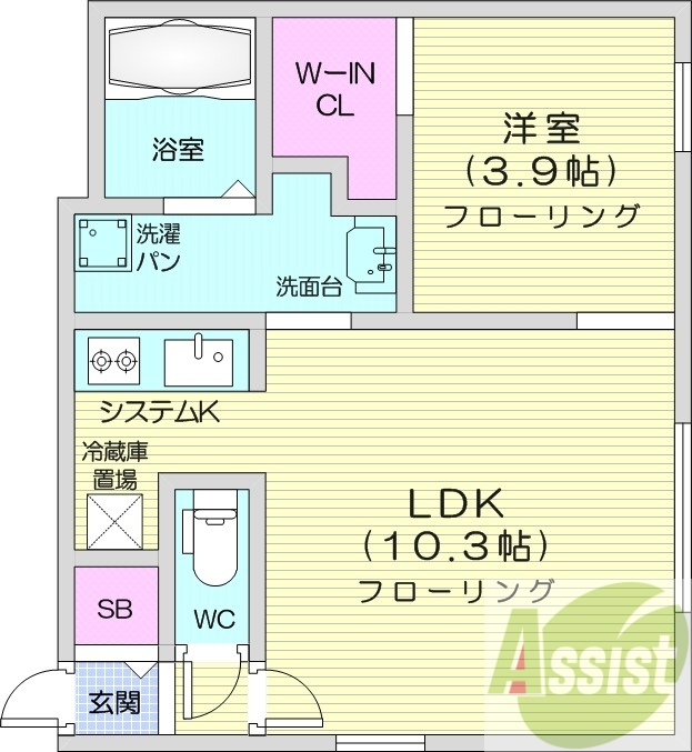 1LDK、エアコン、システムキッチン、浴室乾燥機