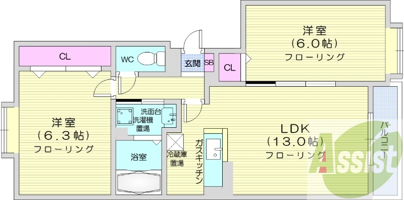 2LDK、カメラ付きインターホン、独立洗面台