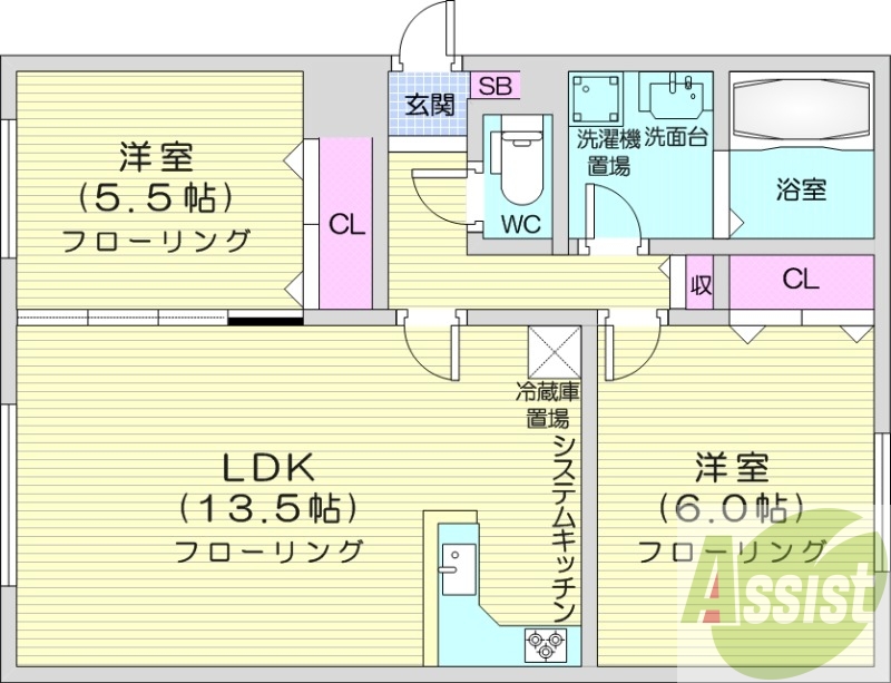 2LDK、システムキッチン、シャワートイレ、独立洗面台
