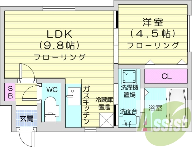 1LDK、都市ガス、エアコン、独立洗面台、浴室乾燥機、