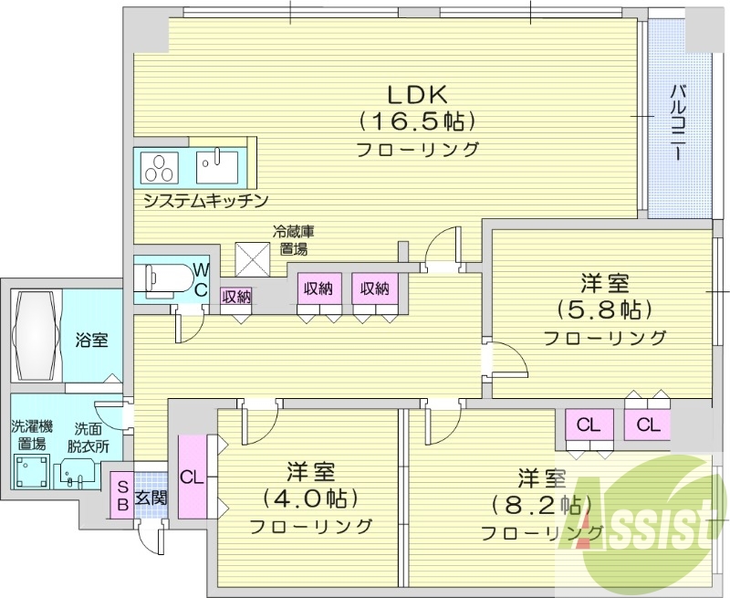 3LDK、クローゼット、システムキッチン、ウォシュレット