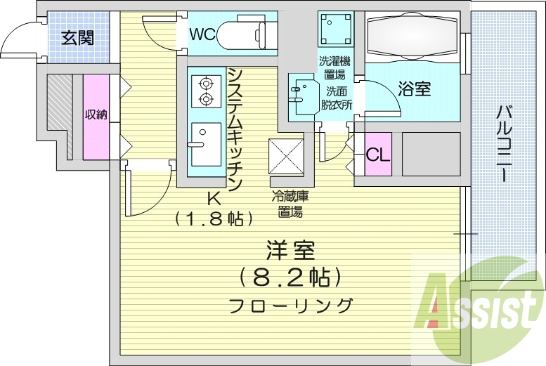 1K、クローゼット、システムキッチン、ウォシュレット