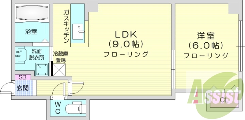 1LDK、オートロック、バストイレ別、灯油暖房