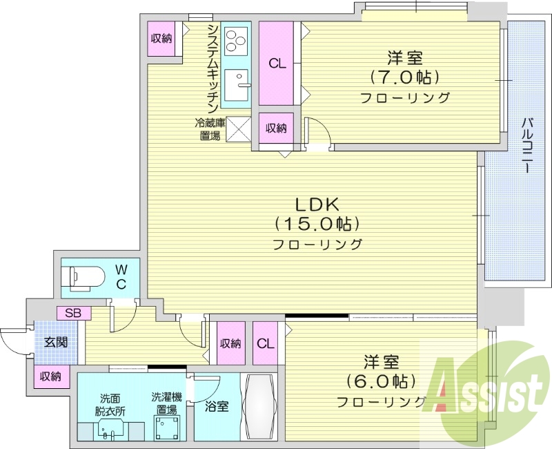 2LDK、収納、洗濯機置場、エアコン、バストイレ別