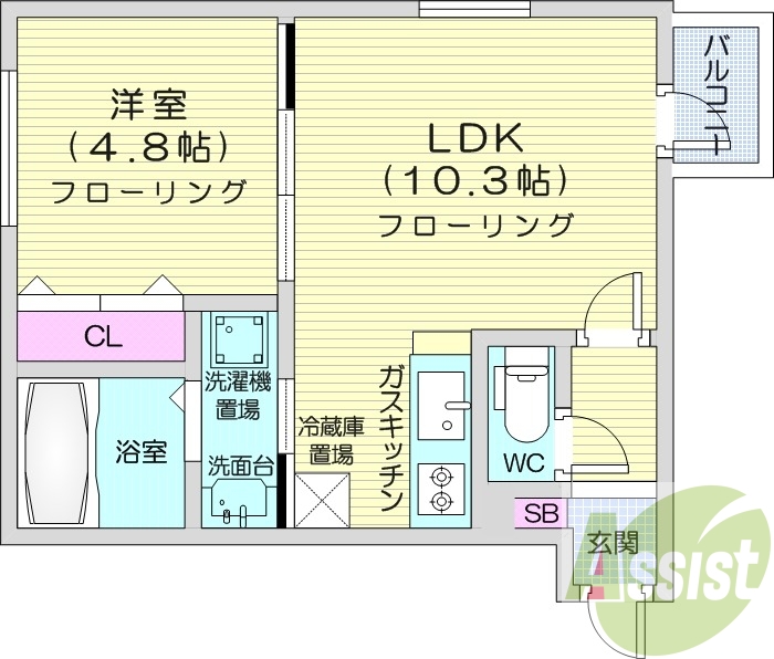 1LDK、エアコン、浴室乾燥機、シャワートイレ、都市ガス