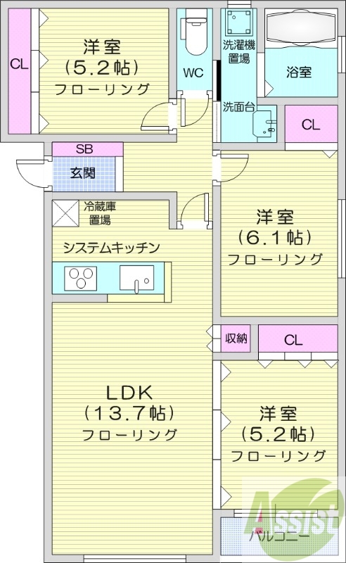 3LDK、追い焚き、システムキッチン、エアコン