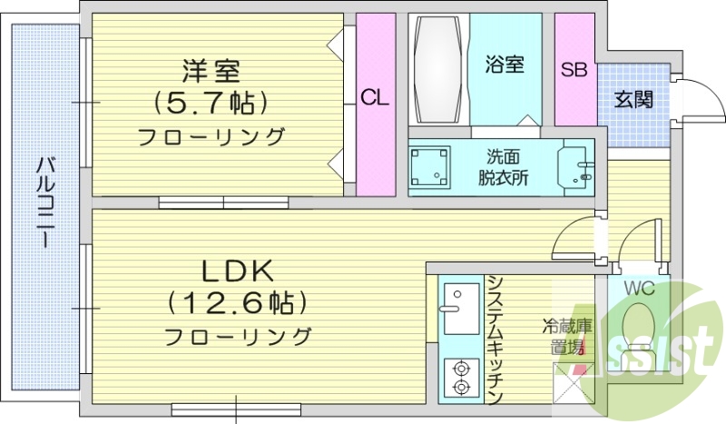 1LDK、システムキッチン、エアコン、洗髪洗面化粧台