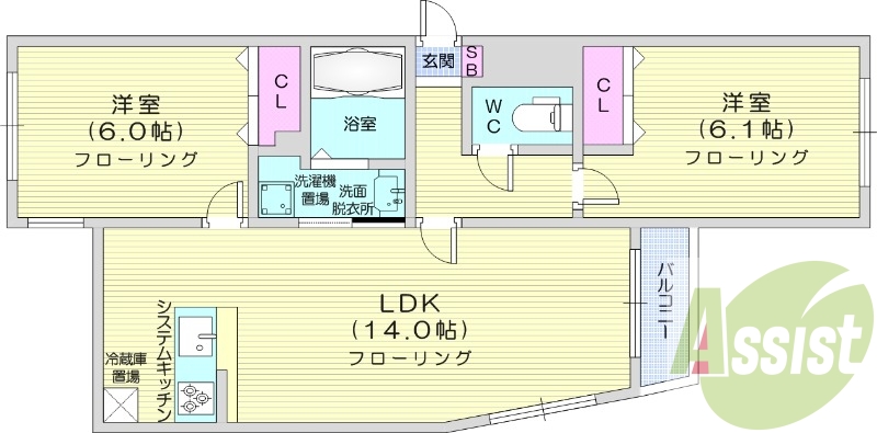 2LDK、都市ガス、システムキッチン、1坪バス