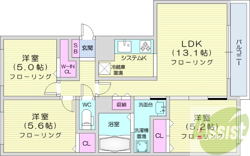 3LDK、都市ガス、エアコン、ガス暖房、ネット無料