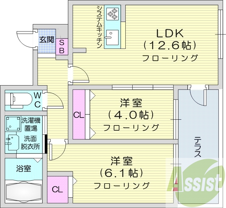 2LDK、ネット使用料無料、システムキッチン、エアコン