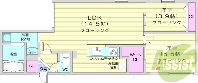 2LDK、エアコン、追い焚き、独立洗面台、システムキッチン