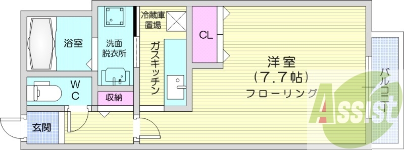 1K、オートロック、灯油暖房、カウンターキッチン