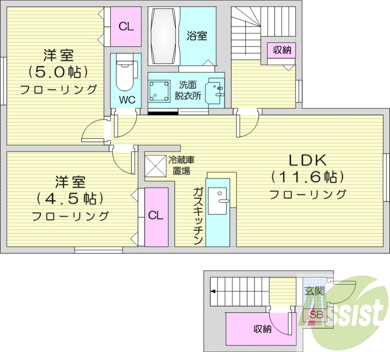 2LDK、対面キッチン、モニター付きインターホン