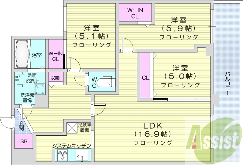 3LDK、角部屋、都市ガス、エアコン、追い炊き