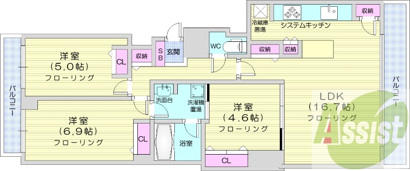 3LDK、都市ガス、システムキッチン