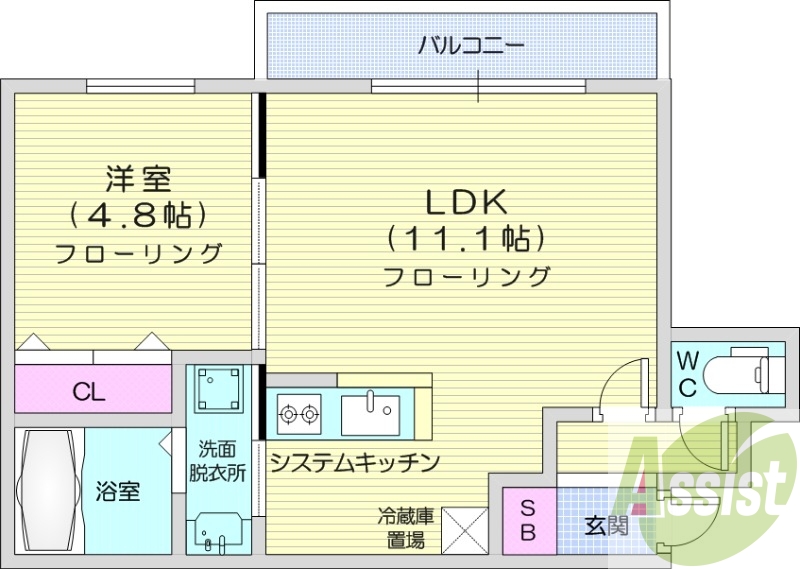 1LDK、システムキッチン、エアコン、ネット無料