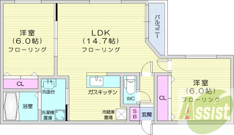 2LDK、都市ガス、エアコン、ネット無料