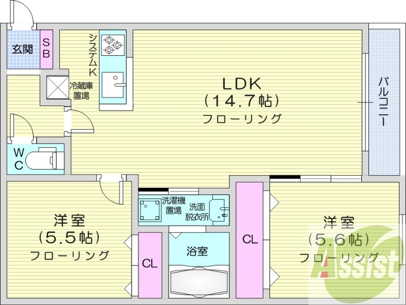 2LDK、オートロック、エアコン、システムキッチン