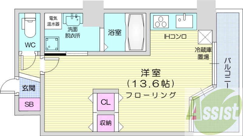 1R、宅配ボックス、オール電化、IHシステムキッチン