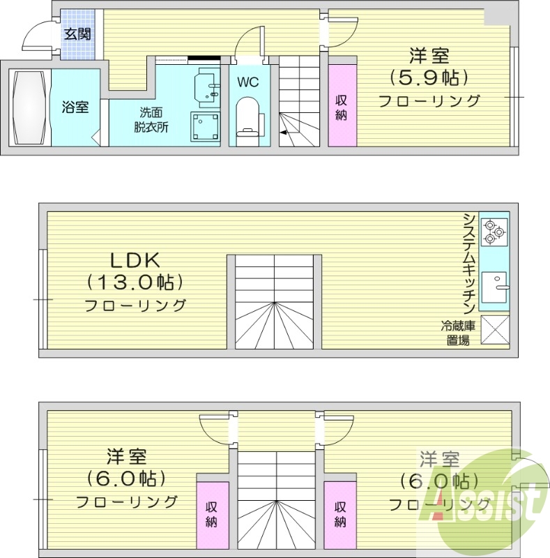 3LDK、追い焚き、一坪バス、メゾネット
