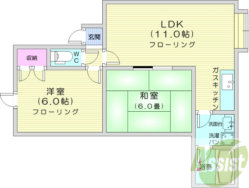 2LDK、独立洗面台、バストイレ別、室内洗濯機置場