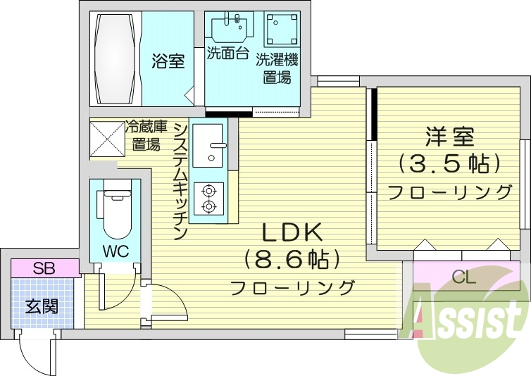 1LDK、エアコン、ネット無料、システムキッチン