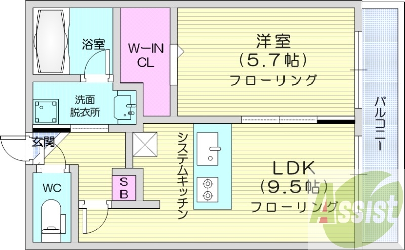 1LDK、都市ガス、エアコン、システムキッチン、ネット無料