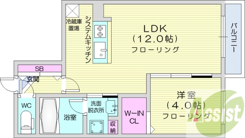 1LDK、都市ガス、エアコン、ネット無料、システムキッチン