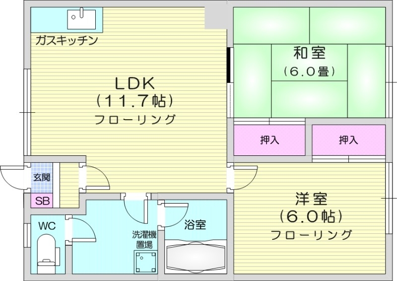 2LDK、角部屋、灯油暖房、シャワートイレ