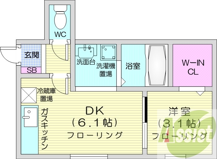 1DK、ウォークインクローゼット、モニタ付インターホン