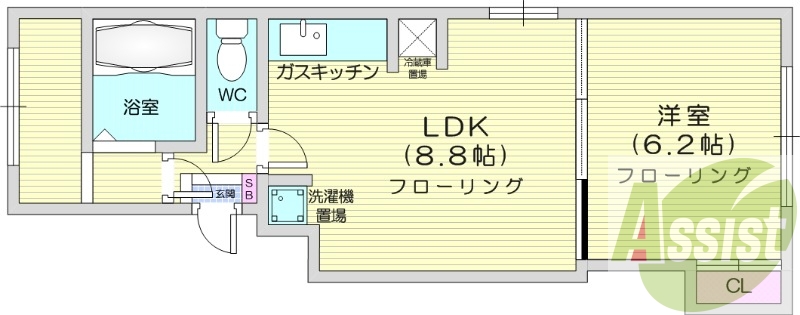 1LDKS、角部屋、バストイレ別、灯油暖房