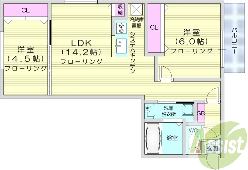2LDK、都市ガス、浴室乾燥機、追炊き、エアコン