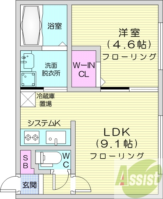 1LDK、エアコン、灯油暖房、ウォークインクローゼット