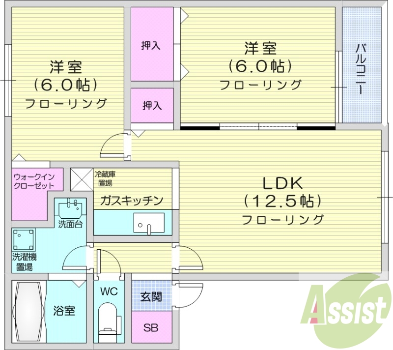 2LDK、トランクルーム、灯油暖房、バルコニー