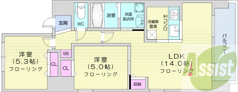 2LDK、角部屋、オートロック、エアコン、ネット無料
