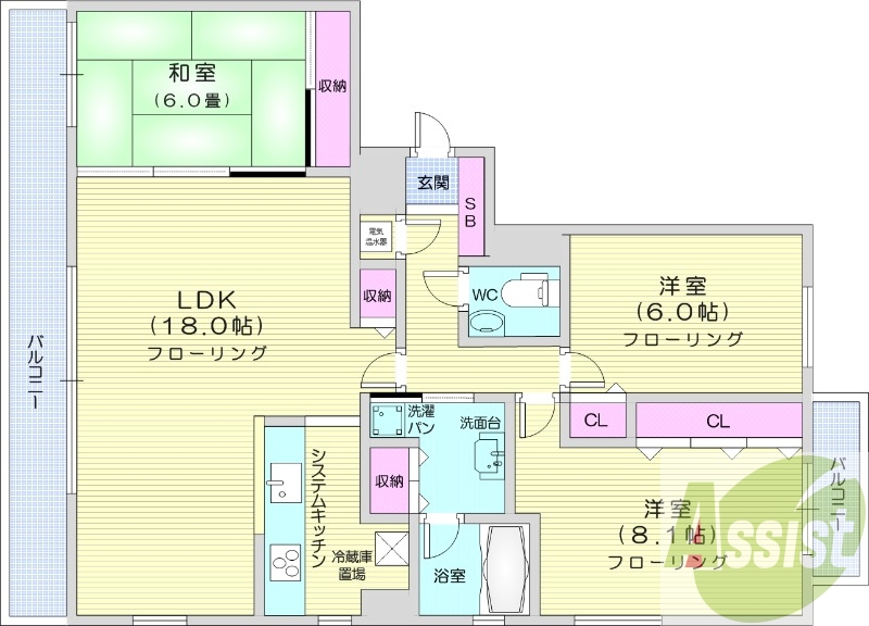 3LDK、ペット可、角部屋、オール電化、床暖房、エアコン