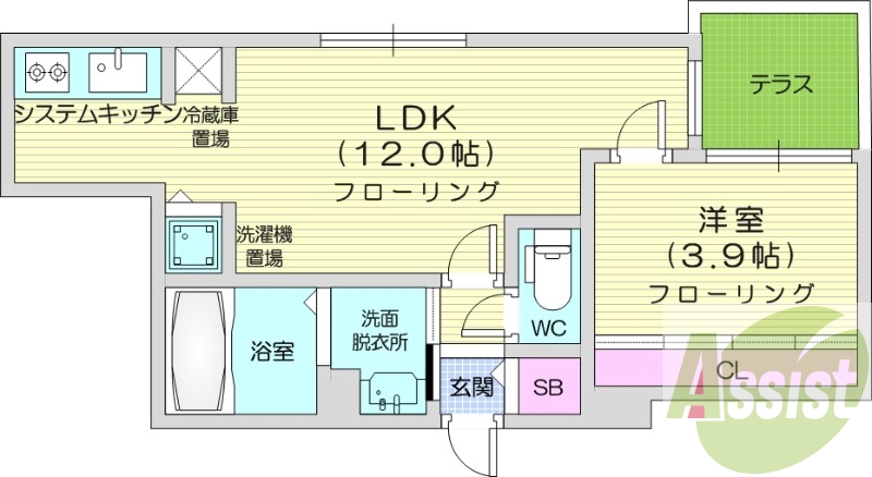 1LDK、エアコン、独立洗面台、システムキッチン、