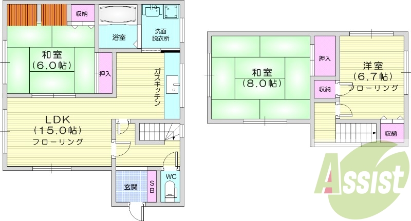 3LDK、無料駐車場付、角部屋、都市ガス