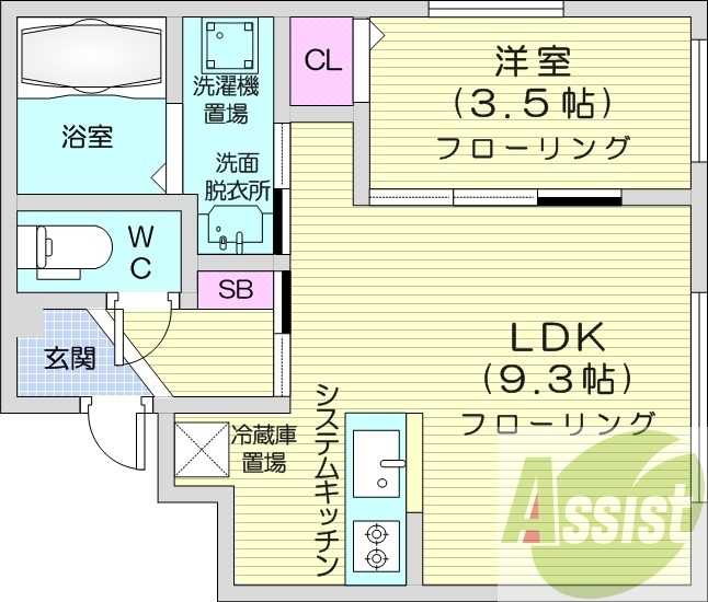 1LDK、エアコン、システムキッチン、ネット無料