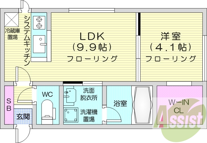 1LDK、エアコン、システムキッチン、独立洗面台