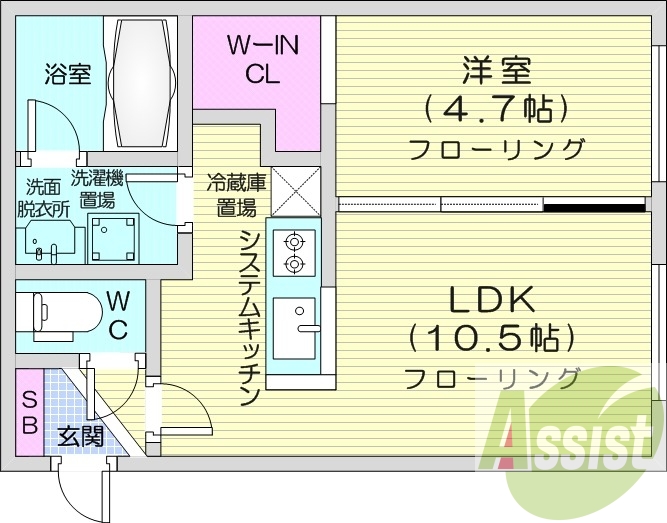 1LDK、エアコン、システムキッチン、独立洗面台