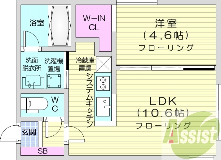 1LDK、エアコン、システムキッチン、独立洗面台