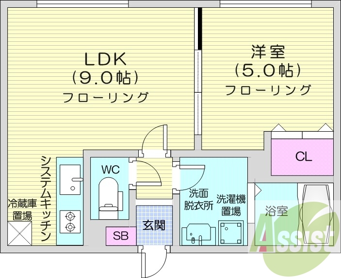1LDK、エアコン、オートロック、システムキッチン