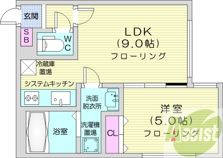 1LDK、エアコン、オートロック、システムキッチン