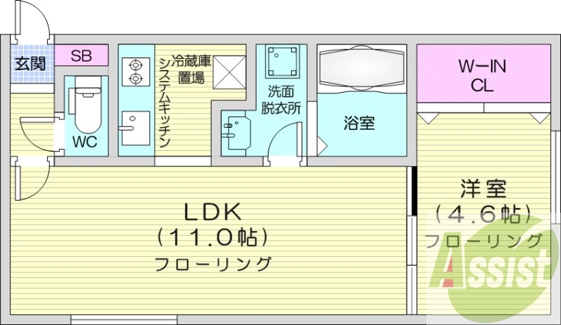 1LDK、エアコン、システムキッチン、都市ガス、独立洗面台