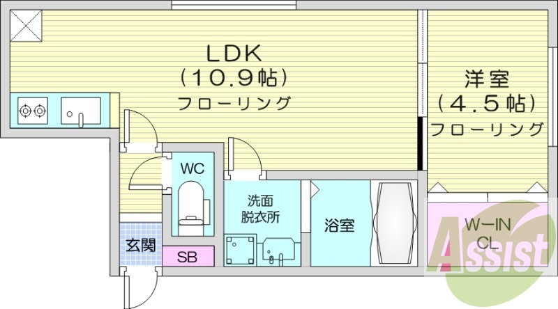 1LDK、エアコン、システムキッチン、都市ガス、独立洗面台