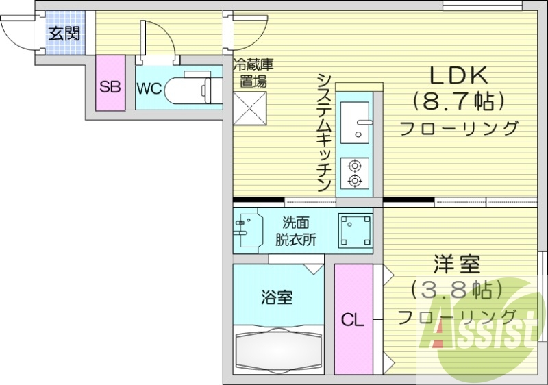 1LDK、エアコン、システムキッチン、都市ガス、独立洗面台