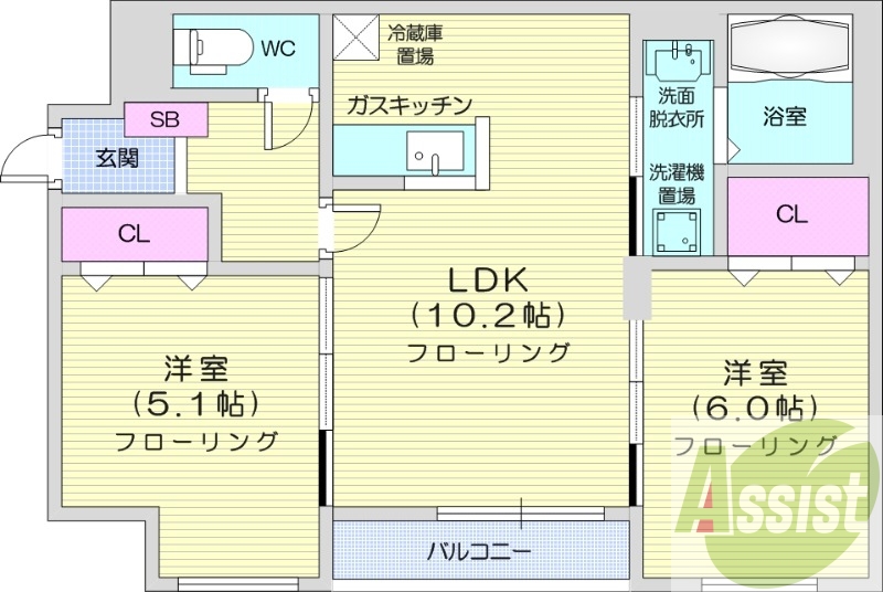 2LDK、都市ガス、オートロック、防犯カメラ